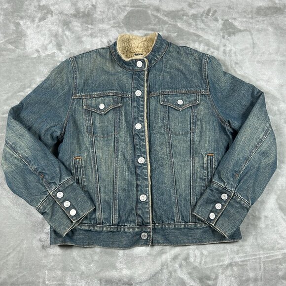 GAP Denim Jacket Women's Large Sherpa Lined Trucker Style Y2K Distressed VTG - Picture 1 of 10
